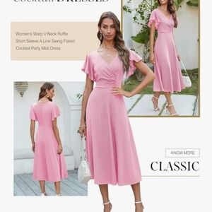 Pink Flutter Sleeve Wrap Midi Dress for Wedding Guest
